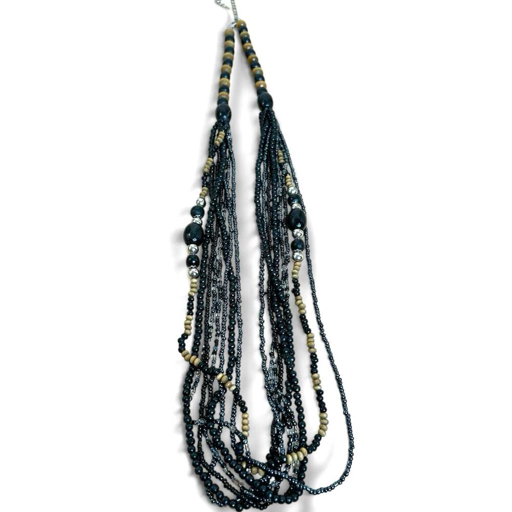 Vintage Y2K Multi Strand Seed Bead Necklace Black Silver Wood Statement Layered